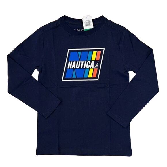 NWT Nautica Boy's Navy W/Multicolored Logo Long Sleeve T-Shirt - Picture 1 of 7